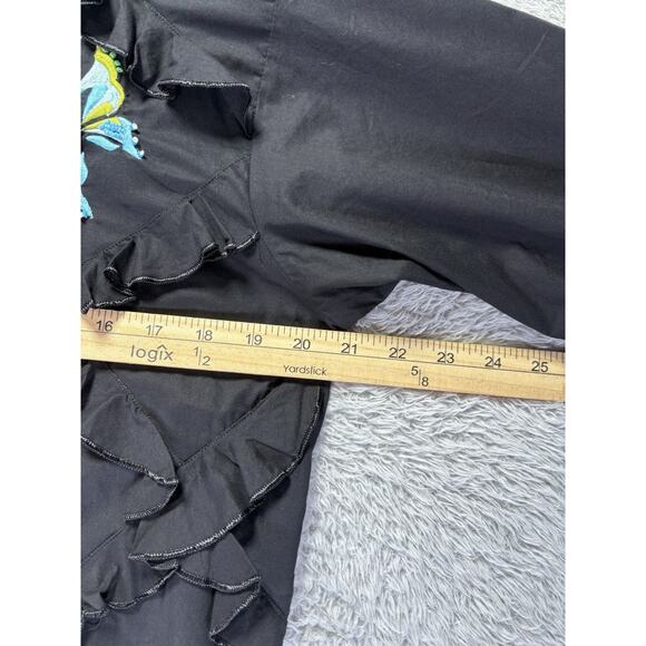 Michael Simon Womens Small Black Embroidered Blue Butterflies Button Down Up Top - Picture 8 of 12